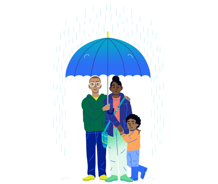 Familia se protege contra la lluvia