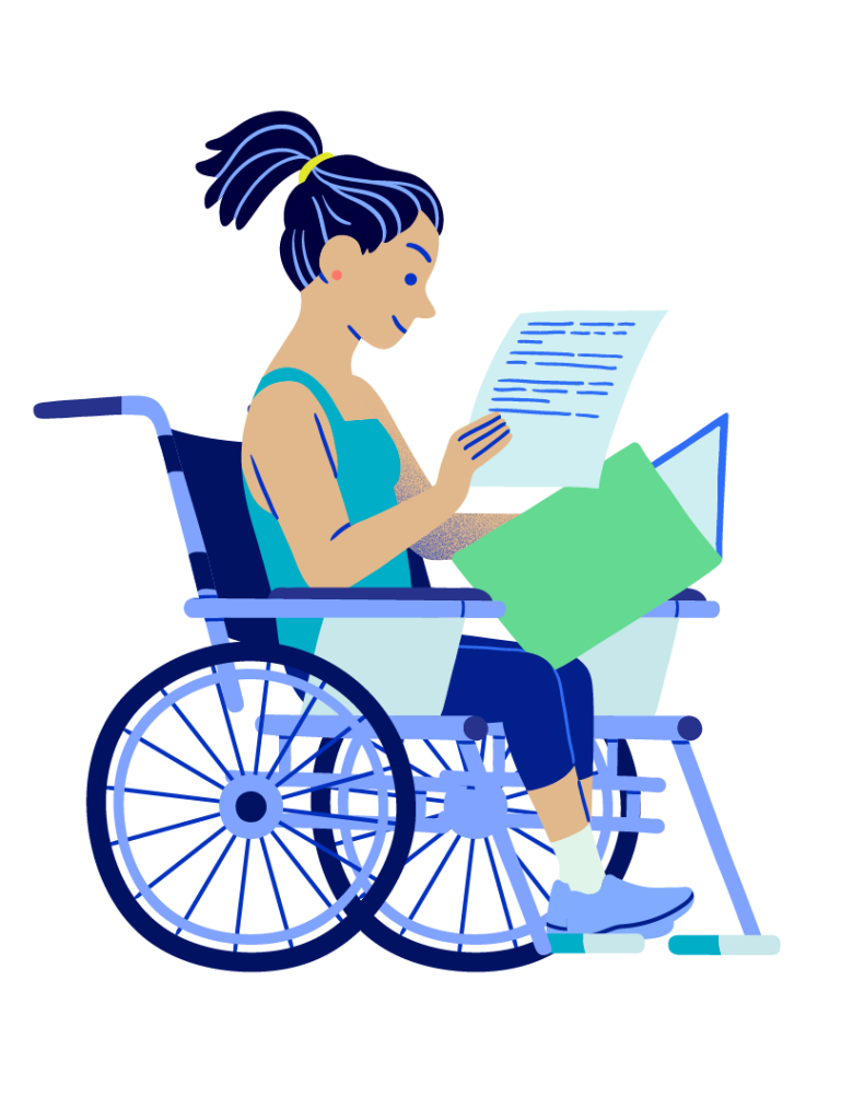 Persona en silla de ruedas lee documentos