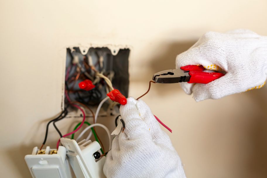 Hombre realizando una conexión eléctrica segura en hogar