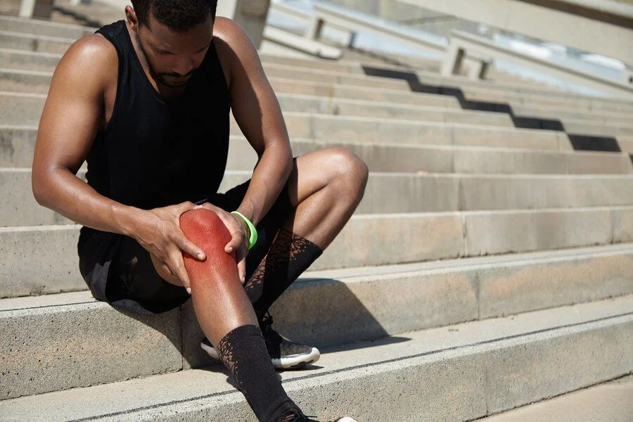 Hombre joven con dolor de rodilla sentado en una escalera por artrosis