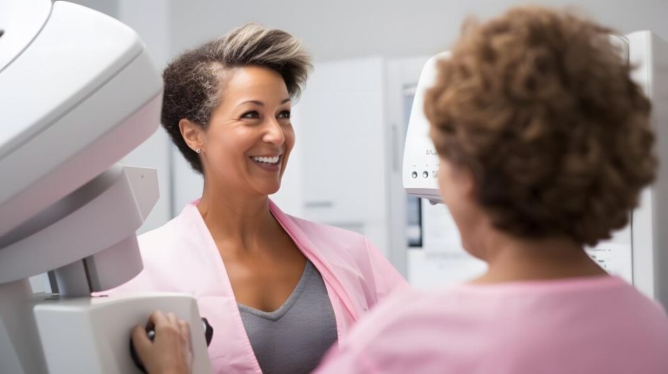 Médica alegre atiende a paciente para prevención de cáncer de mama.