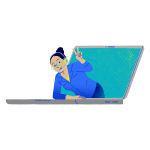 Mujer sonríe a través de la pantalla de un computador